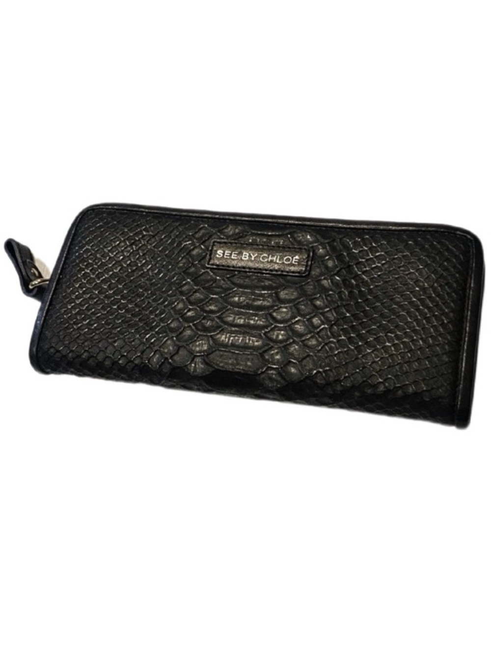 See by Chloé Black Snake-Embossed Zip Wallet
